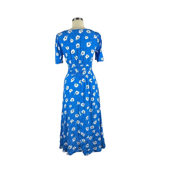M&S COLLECTION Blue White Floral V-Neck Button Midi Dress Size US 4 Boho‎ Preppy - Picture 3 of 9